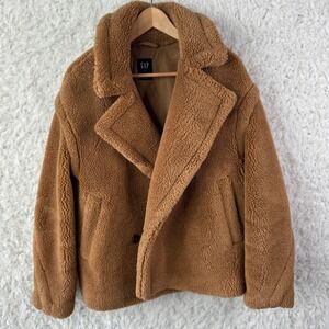 Gap Sherpa Teddy Jacket Womens Large Brown Double Breasted Cozy Faux Fur Neutral